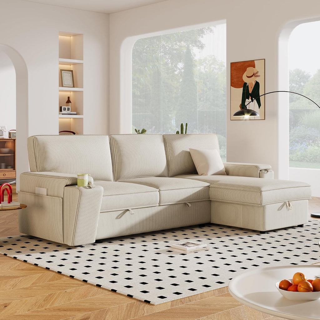 Sleeper Sofa, 96' Corduroy 2-in-1 Pull Out Sofa Bed, Convertible Sofa Bed Couch with Storage Chaise, L Shaped Sofa with Hidden Cup Holders, 3 Seater Sofa for Living Room, Apartments, Beige