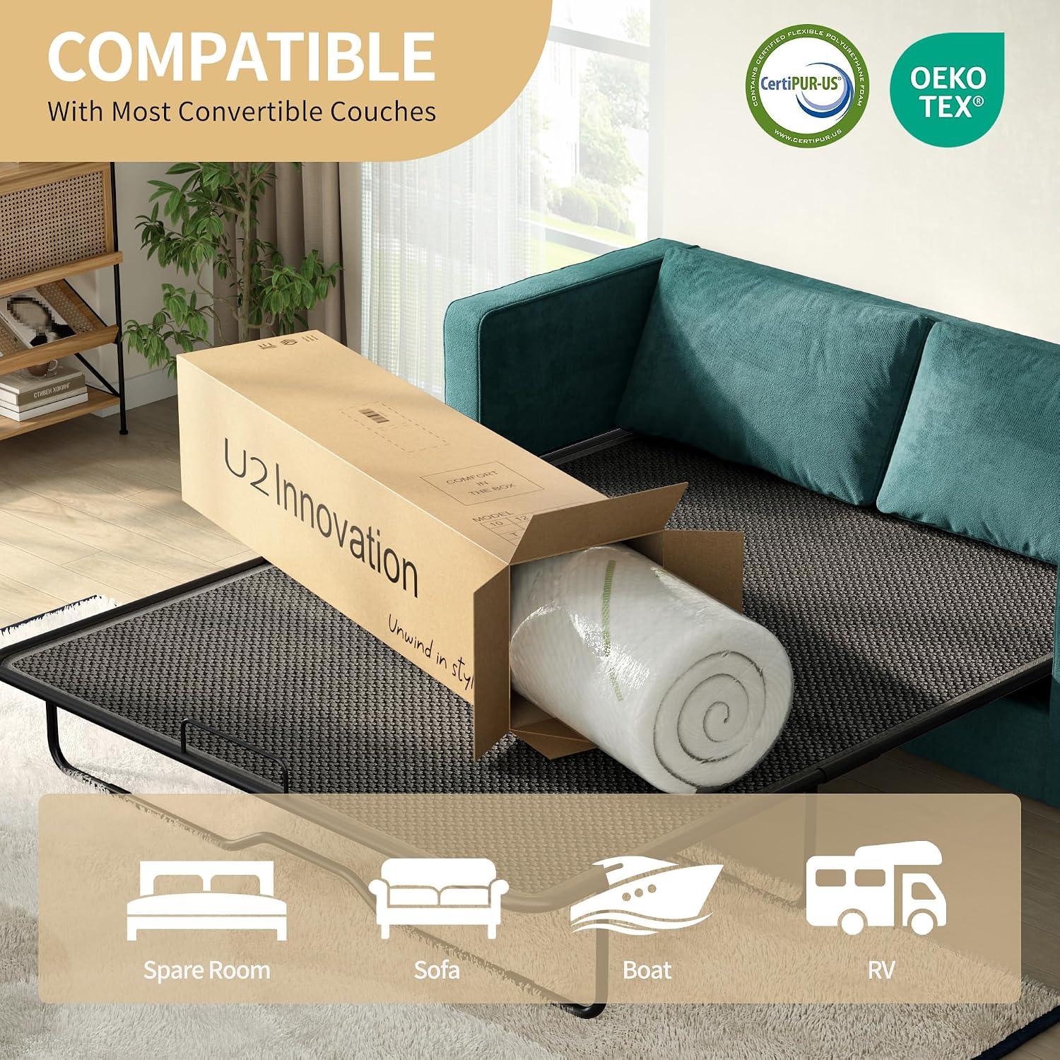 4 Inch Replace Pull Out Sofa Queen Mattress,Queen Size Sleeper Sofa Mattress,Ultra Soft Removable Cover, Non-Slip Bottom, Supportive Seat Pad for RV, Bed, Dorm 58 * 72 * 4 in.