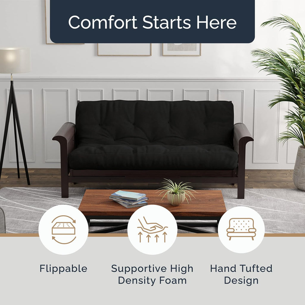 Loosh Home | 6' Queen Size Futon Sofa Bed Memory Foam Mattress - USA Made, Black, No Frame