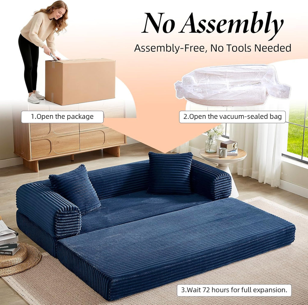 78 Inch Convertible Folding Sleeper Sofa Bed, Fold Out Floor Sofa Couch with Fixed-Shape Frame, Cloud Corduroy Foldable Mattress Couch for Living Room Bedroom (Blue)