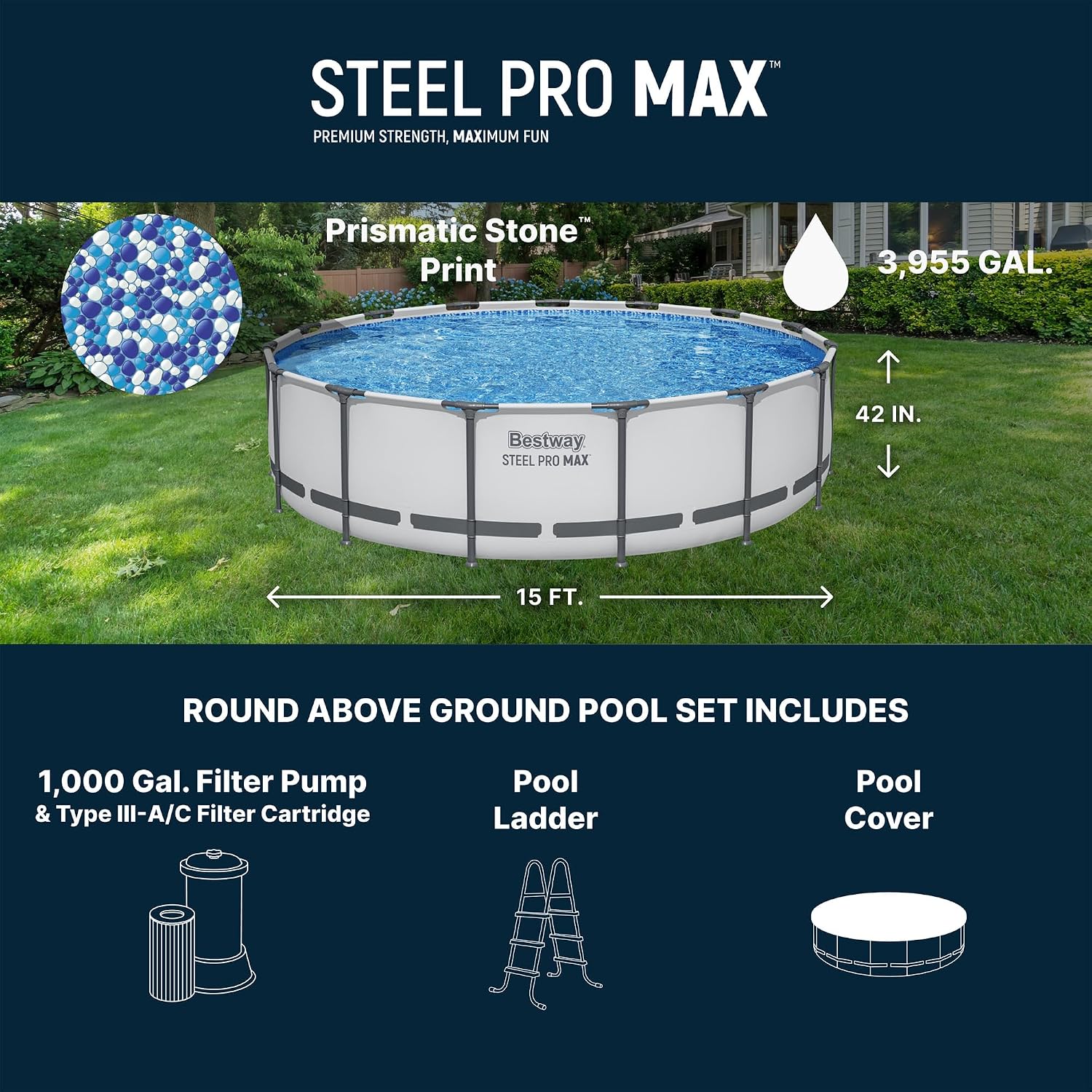 Bestway Steel Pro MAX 15' x 42' Above Ground Pool, Round Metal Frame Outdoor Swimming Pool Set with Filter Pump, Ladder, and Cover, Gray