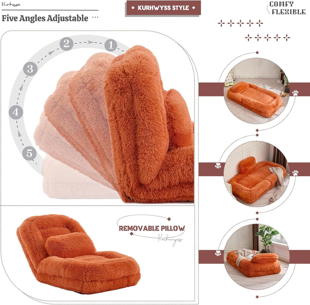 Upholstered Human Dog Bed for Adult & Pets, Convertible Lazy Sofa Bed with 5 Adjustable Position, Comfy Tatami Bean Bag Lounge Chair with a Soft Pillow for Bedroom Living Room (Orange Fluffy)