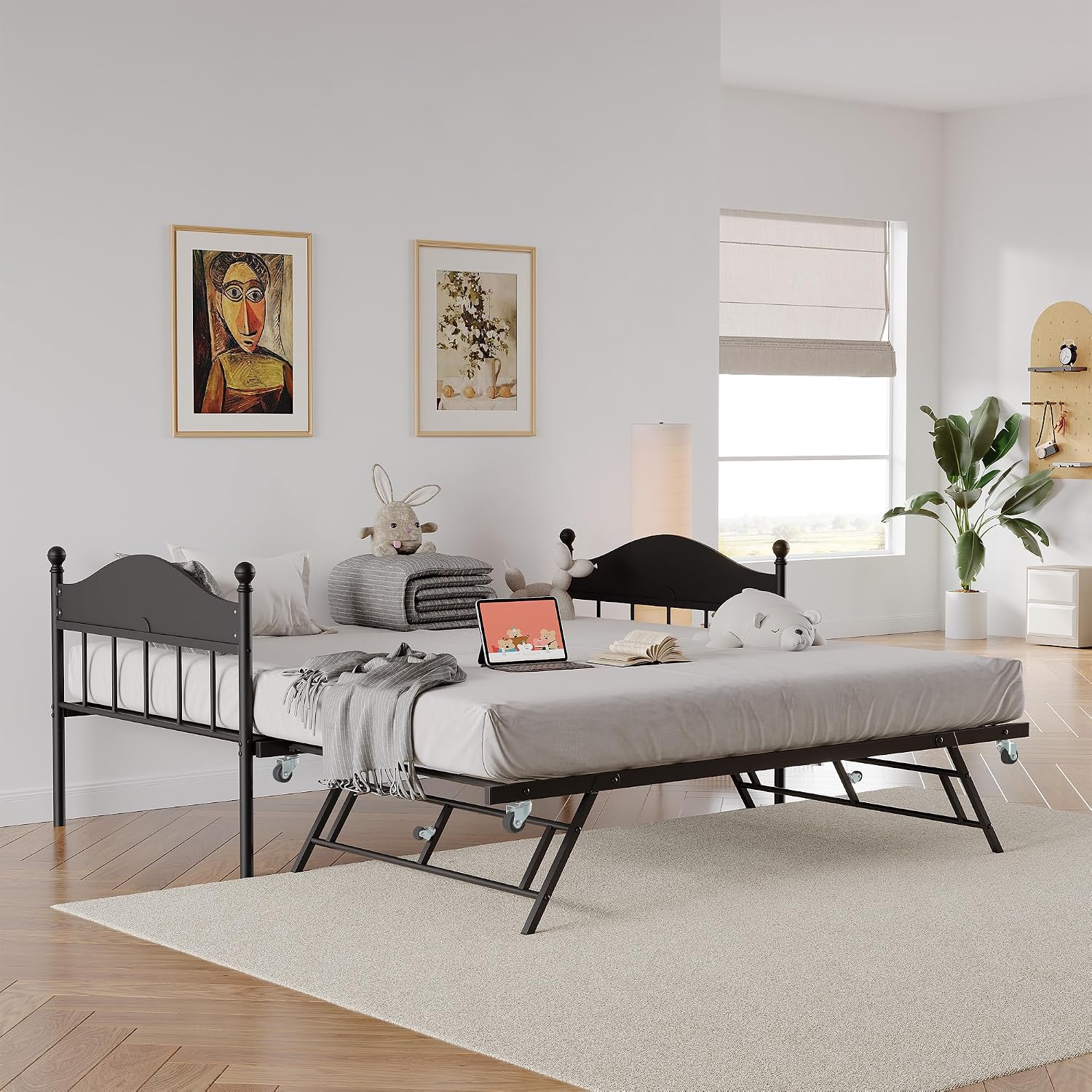 IDEALHOUSE Twin Metal Daybed with Pop-Up Trundle, Heavy Duty Steel Slats Platform Bed with Stylish Headboard, Convertible Sofa Bed Frame for Living Room, Bedroom, or Guest Room, Black
