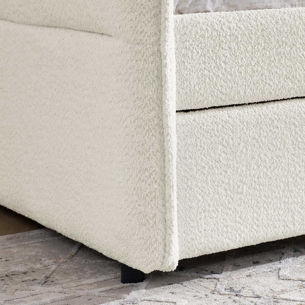 KEIKI Twin Size Upholstery Tufted Daybed with Erectable Trundle, Twin to King Design Modern Extendable Boucle Sofa Bed, Easy Assembly, No Box Spring Required, for Living Room and Bedroom, Beige