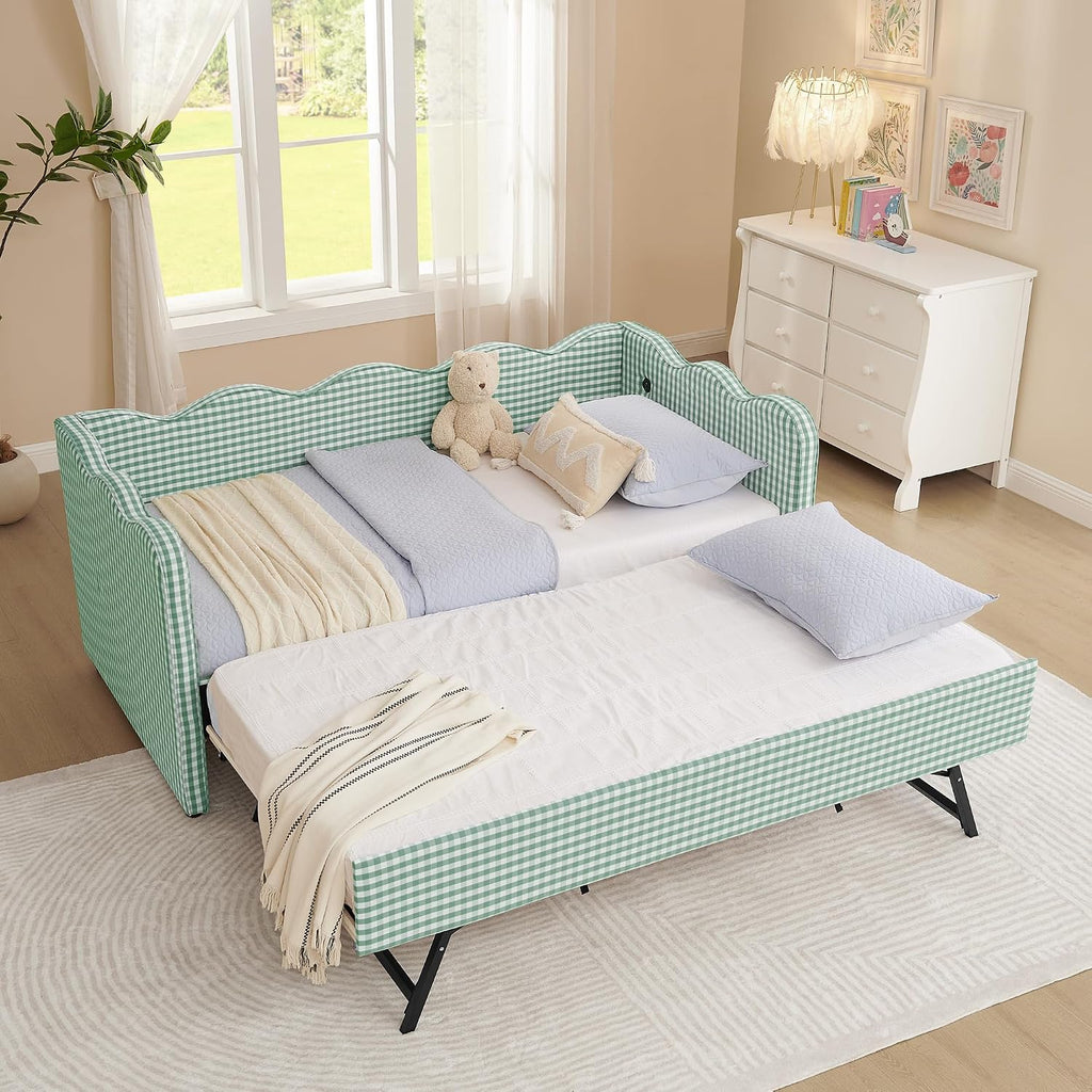 KEIKI Twin Size Upholstery Daybed with Trundle and USB, Twin to King Design Adorable Wave Shaped Extendable Linen Sofa Bed, Easy Assembly, No Box Spring Required, for Living Room and Bedroom, Cyan