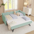 KEIKI Twin Size Upholstery Daybed with Trundle and USB, Twin to King Design Adorable Wave Shaped Extendable Linen Sofa Bed, Easy Assembly, No Box Spring Required, for Living Room and Bedroom, Cyan