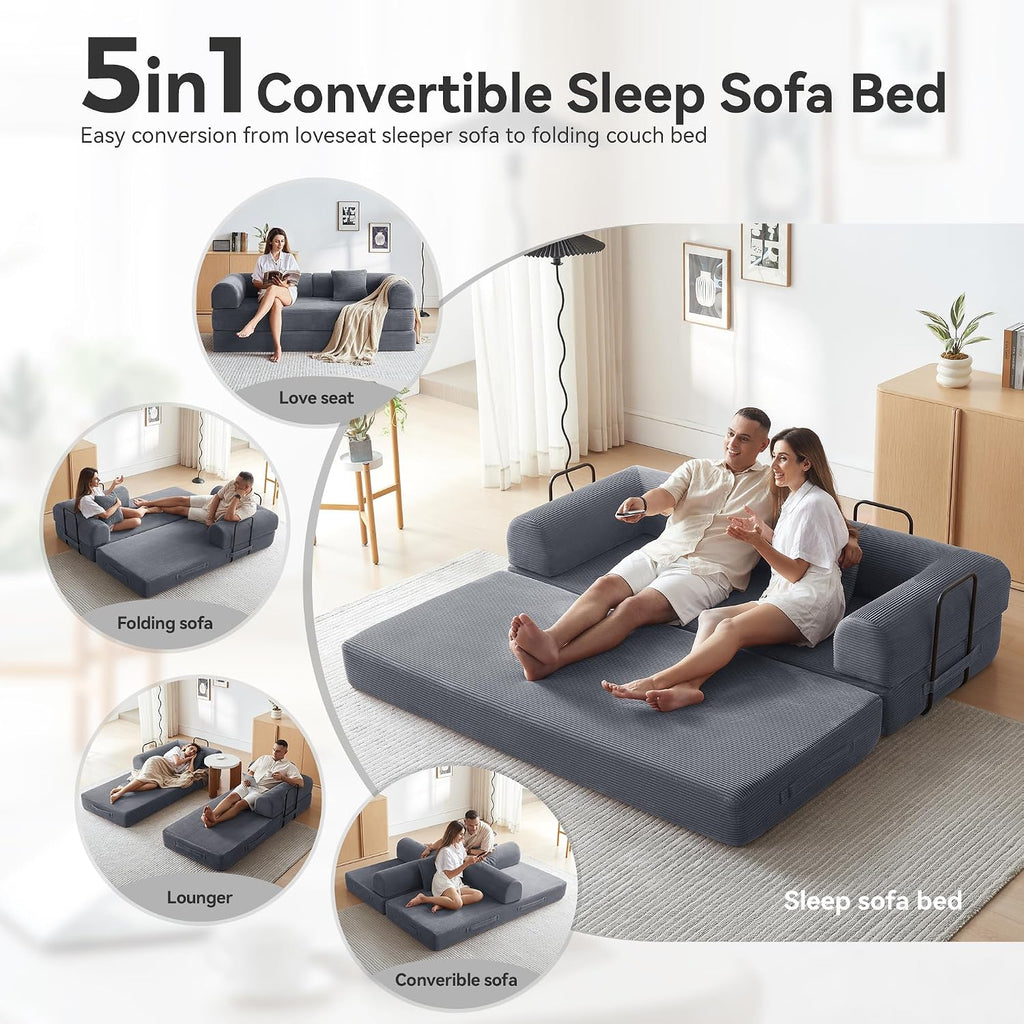 Sofa Bed, Corduroy Sleeper Sofa Bed with Fixed Frame, Floor Sofa Lounge with Pillow, Convertible Folding Mattress Couch for Living Room, Bedroom, Lounge, Studio (Dark Gray)