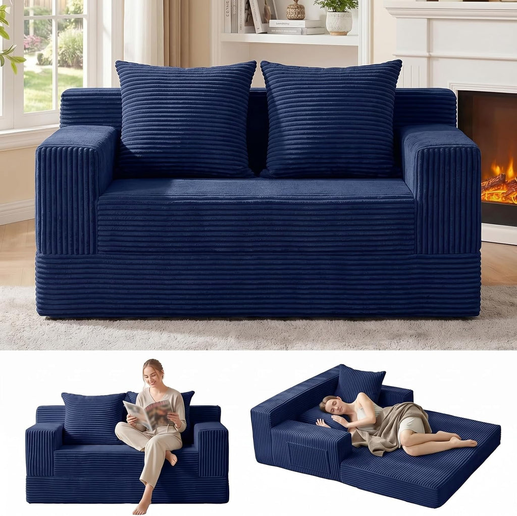 Erament Boneless Loveseat Convertible Sofa Bed, Folding Floor Futon Sleeper Sofa Couch Bed- Boneless Foldable Couch, Corduroy Pull Out Sofa Bed with 2 Pillows for Living Room & Bedroom