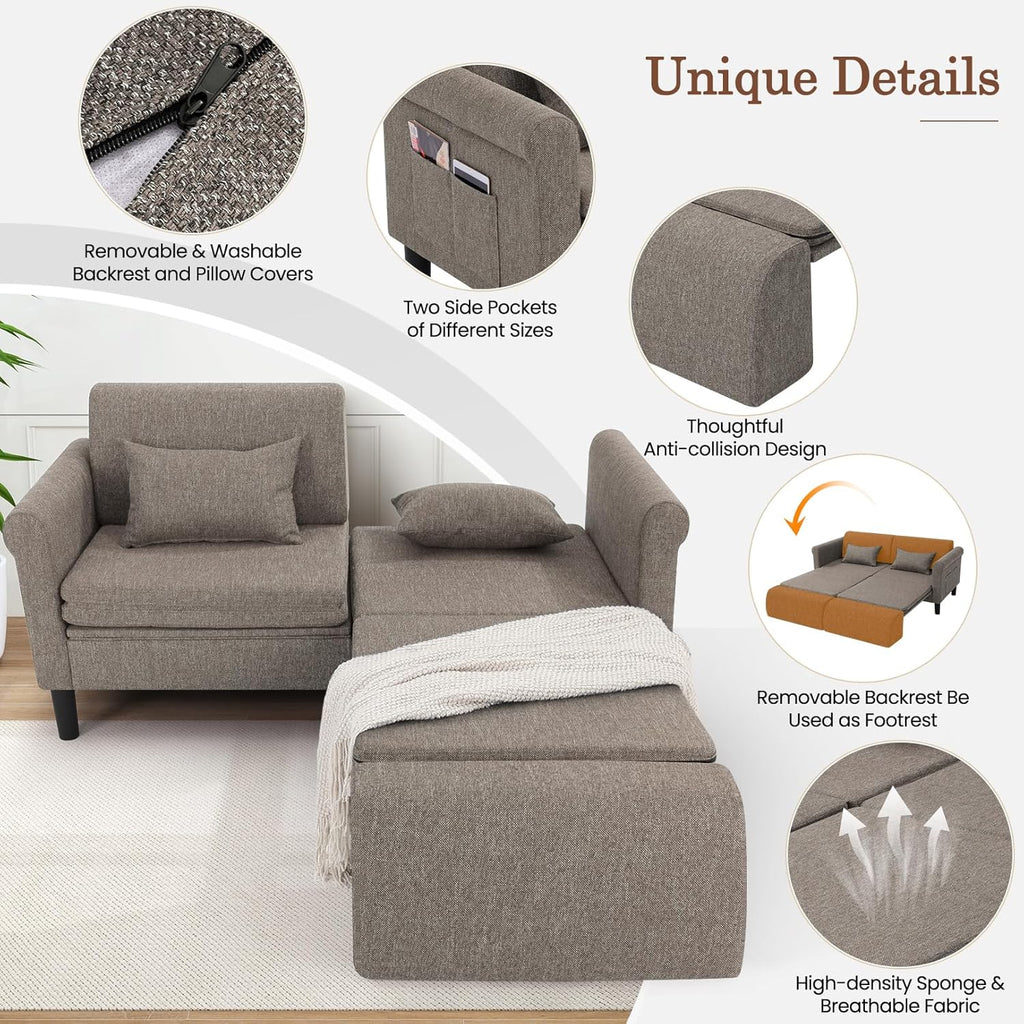 SEJOV 74' Convertible Sofa Bed, 5-in-1 Loveseat Sleeper Sofas with Pull Out Couch Bed, Storage Pockets & 2 Pillows, Modern Folding Linen Futon Couch for Living Room, Bedroom, Small Space, Brown