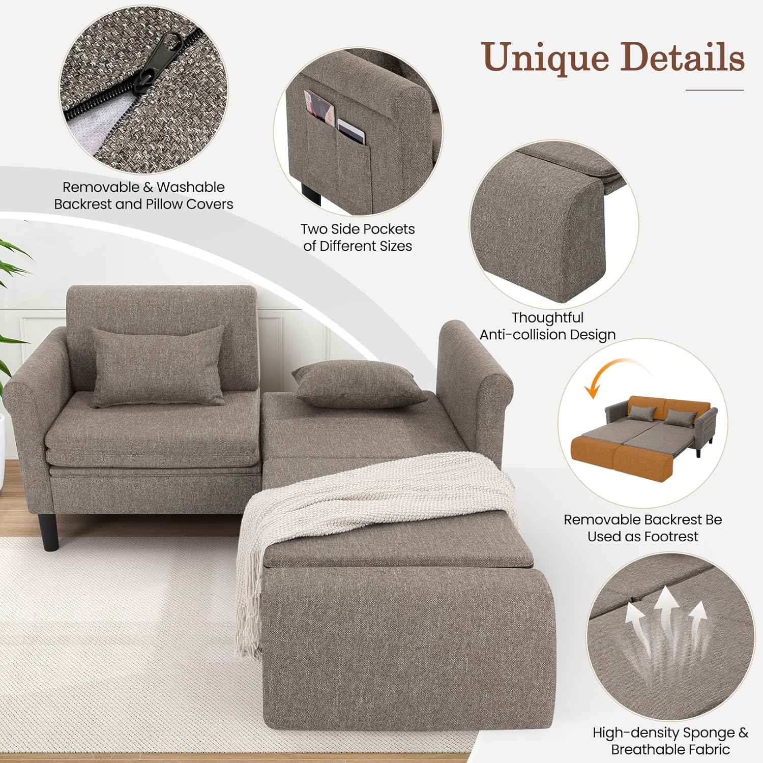 SEJOV 74' Convertible Sofa Bed, 5-in-1 Loveseat Sleeper Sofas with Pull Out Couch Bed, Storage Pockets & 2 Pillows, Modern Folding Linen Futon Couch for Living Room, Bedroom, Small Space, Brown