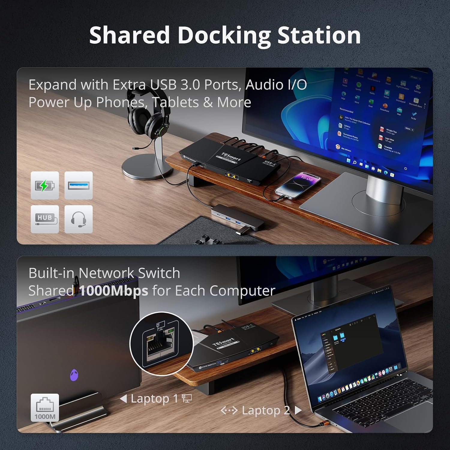 TESmart USB C 8K@60Hz KVM Switch 2 Laptops 1 Monitor, USB3.0 KVM Switch 2 Ports 4K@144Hz, Type C 60W Charging for Laptop, 1G Ethernet, EDID Emulators, Hotkey Switch, ADI Chip for Gaming & Home Office