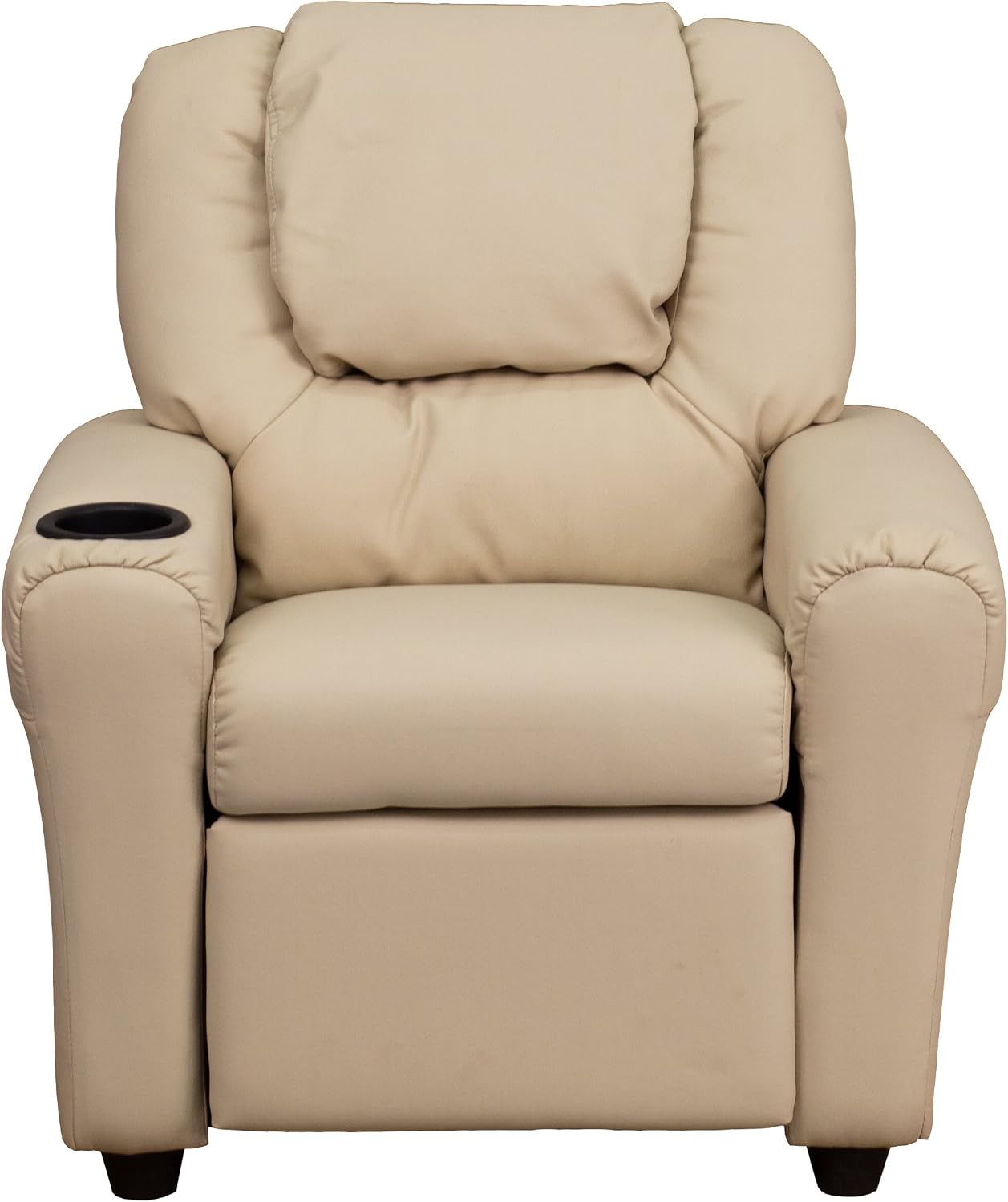 EMMA + OLIVER Beige Vinyl Kids Recliner with Cup Holder and Headrest