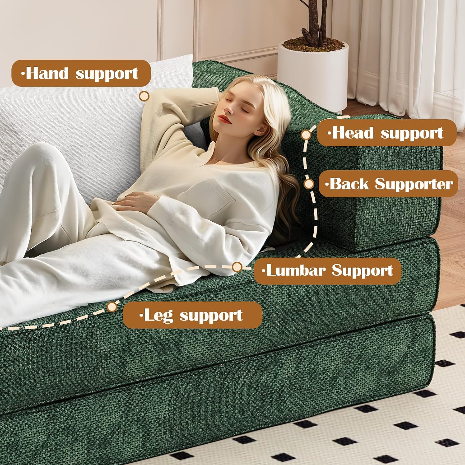 80' Convertible Folding Sofa Bed, 4-in-1 DIY Combination Fold Out Sleeper Sofa Bed King Size, Loveseat sleeper Couch w/ Removable Armrests, Chenille Floor Couch, Small couches for small spaces (Green)