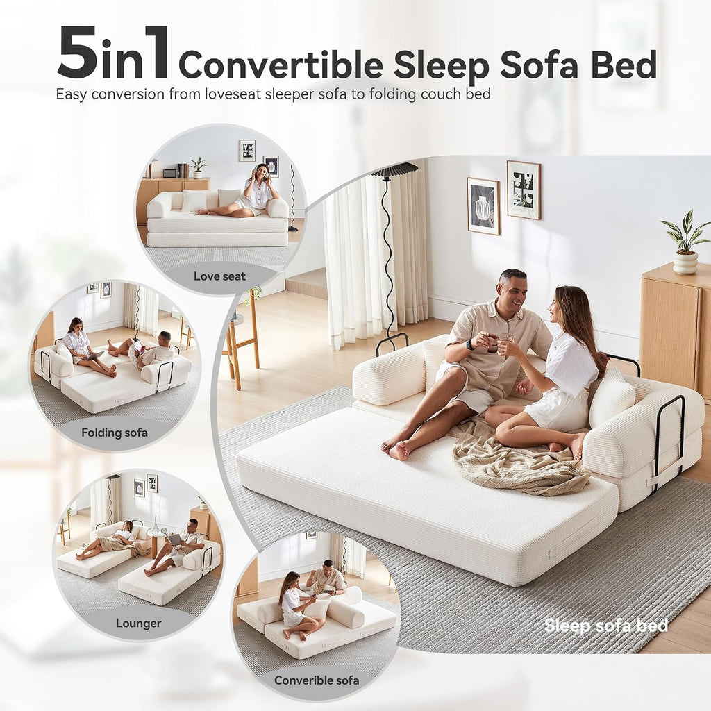 Convertible Folding Couch, 5-in-1 Futon Sofa with Armrests, Convertible Sleeper Sofa Bed Comfy Fold Out Bed for Living Room, Bedroom,Guest, Office, No Assembly Sofa for Small Spaces(Beige White)
