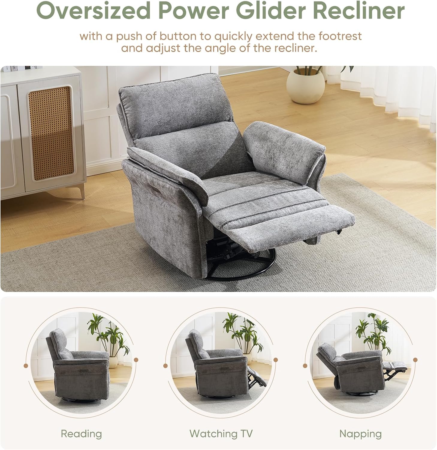 Oversized Power Recliner Chair Swivel Glider with Massage and Heat, Rocker Nursery Recliner for Adults with Adjustable Headrest, 26' Extra Wide Nursery Chair with Overstuffed Armrest, Dark Grey