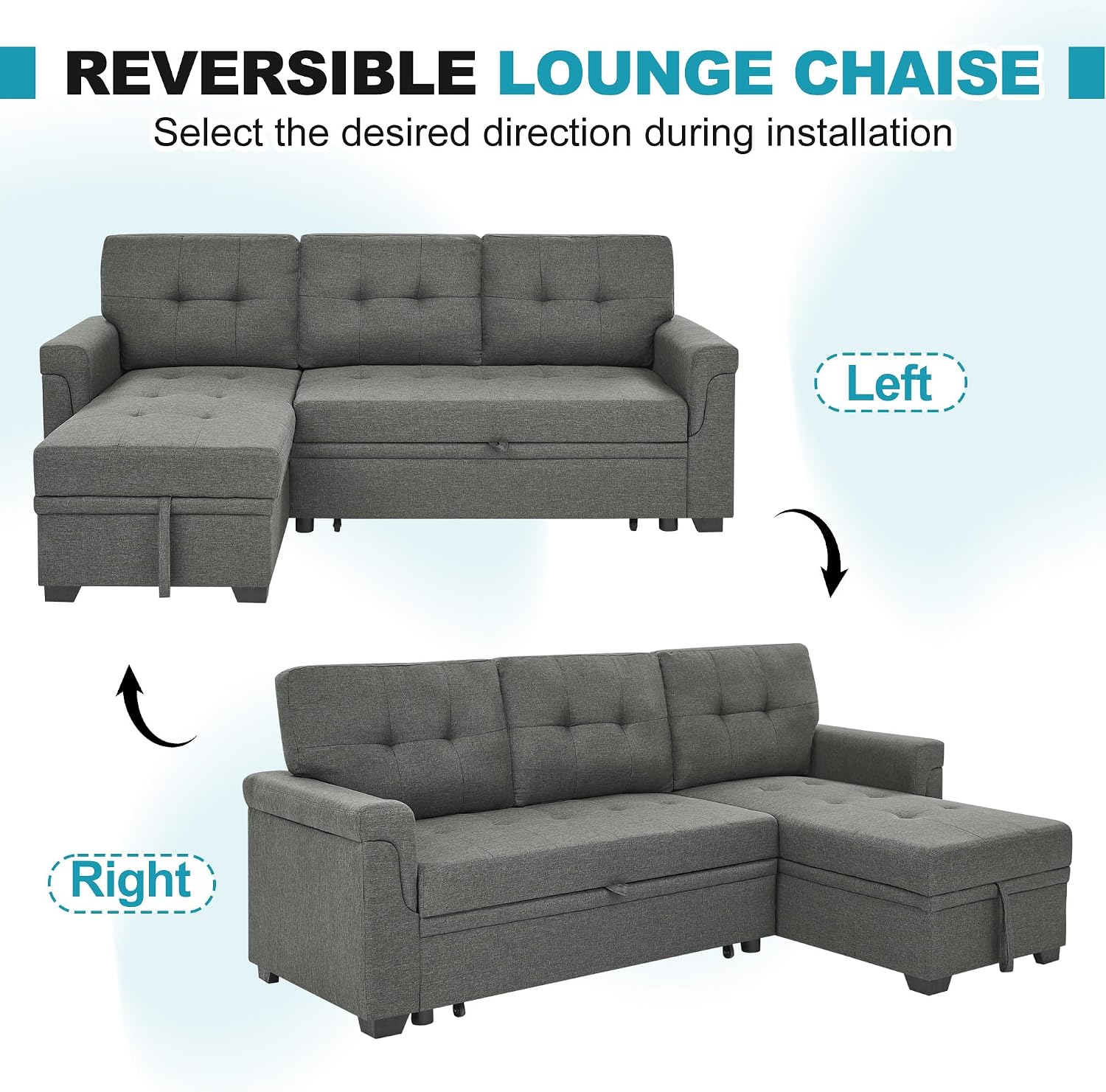 L Shaped 3 Seat Sofa Bed with Storage, 86' Sleeper Sofa Couch with Pull Out Chaise Sectional Couch for Apartment, Bedroom, Living Room, Gray