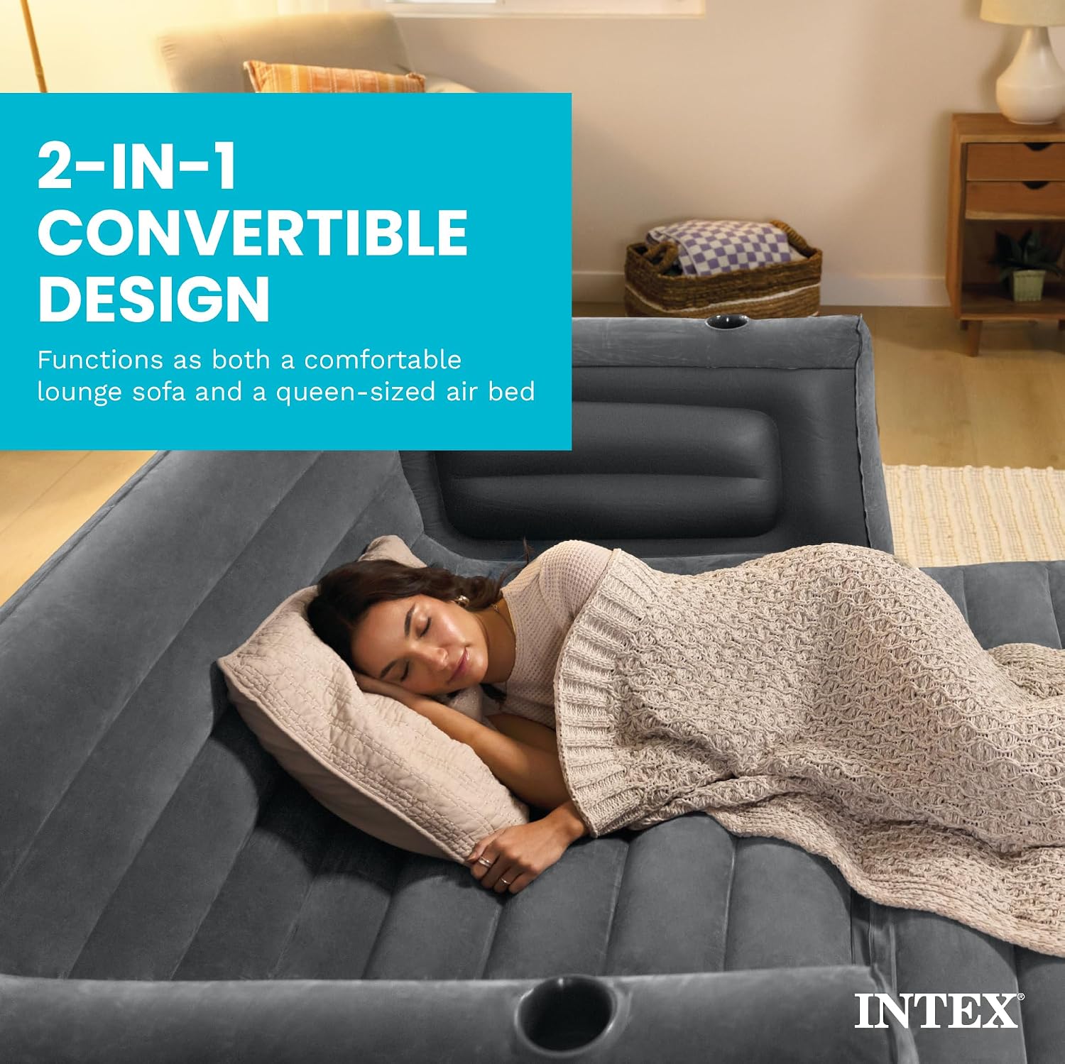 Intex 2 in 1 Inflatable Pull Out Sofa and Queen Size Air Bed Mattress with Cup Holders for Indoor and Outdoor Use for Adults (2 Pack), Charcoal Gray
