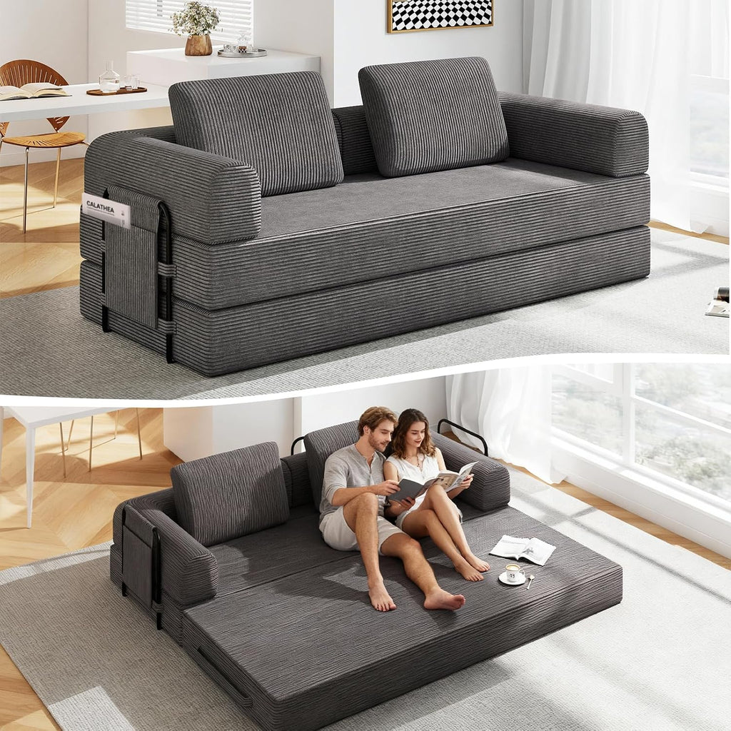 78'' Sleeper Couch Bed for Living Room, Convertible Modular Sofa with Fixed Frame and Side Pocket, Corduroy Futon Boneless Couches in a Box, No Assembly, Gray