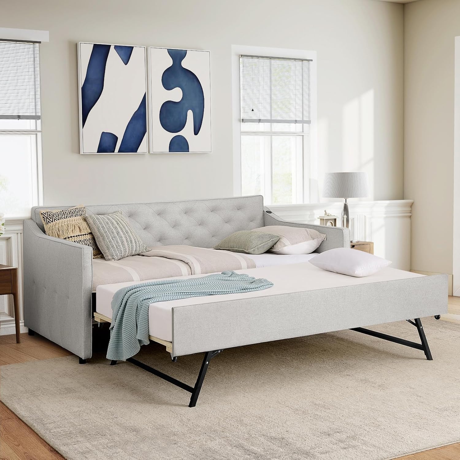 Antetek Daybed with Pop up Trundle, Fabric Upholstered Twin Size Day Bed Pull-Point Sofa Daybed Frame w/Twin Roll-Out Trundle/USB Port, Furniture for Bedroom, Living Room, Guest Room, Beige