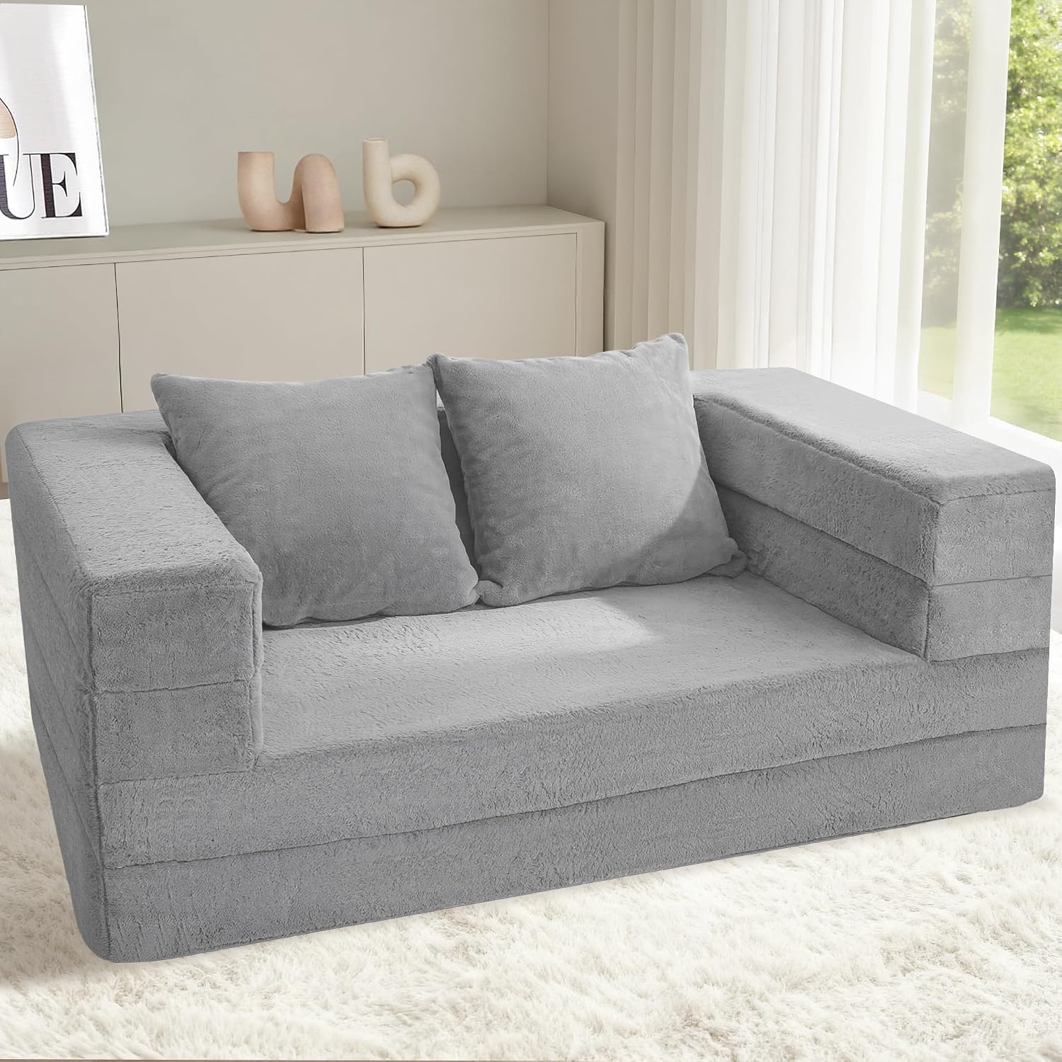 Futon Sofa Bed with Pillow, 3-in-1 Sleeper Sofa Bed with Removable Cover, Convertible Floor Sofa Bed, No Assembly Boneless Couch for Living Room, Bedroom