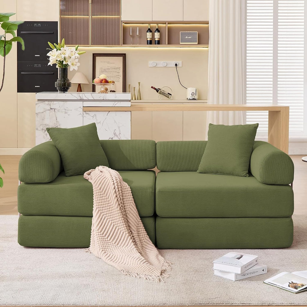 73' Convertible Modular Folding Sofa Bed, 5-in-1 DIY Combination Fold Out Sleeper Sofa Bed, Loveseat sleeper Couch with Removable Armrests, Corduroy Floor Couch, Small couches for small spaces, Green