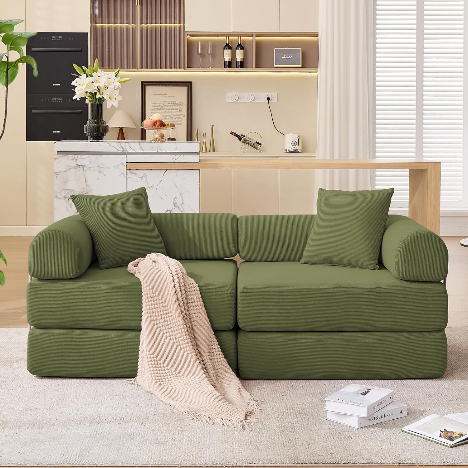 73' Convertible Modular Folding Sofa Bed, 5-in-1 DIY Combination Fold Out Sleeper Sofa Bed, Loveseat sleeper Couch with Removable Armrests, Corduroy Floor Couch, Small couches for small spaces, Green
