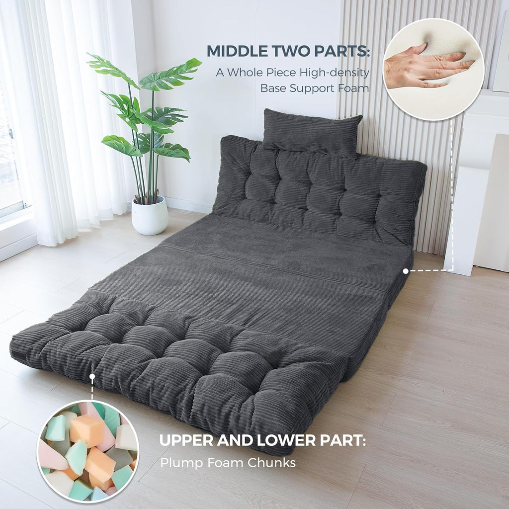 MAXYOYO Folding Sofa Bed, Tufted Bean Bag Bed with Pillows Floor Mattress for Adults, Extra Thick and Long Floor Sofa, Twin Couch Bed for Bedroom Living Room, Dark Grey, 39x91 Inch