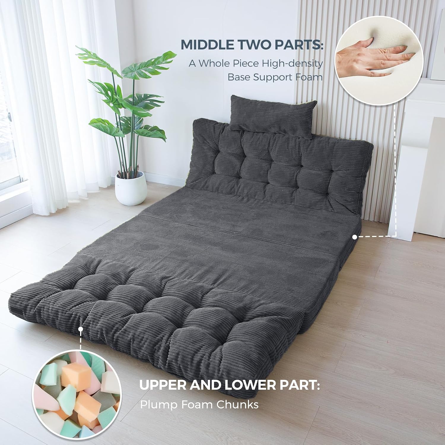 MAXYOYO Folding Sofa Bed, Tufted Bean Bag Bed with Pillows Floor Mattress for Adults, Extra Thick and Long Floor Sofa, Twin Couch Bed for Bedroom Living Room, Dark Grey, 39x91 Inch