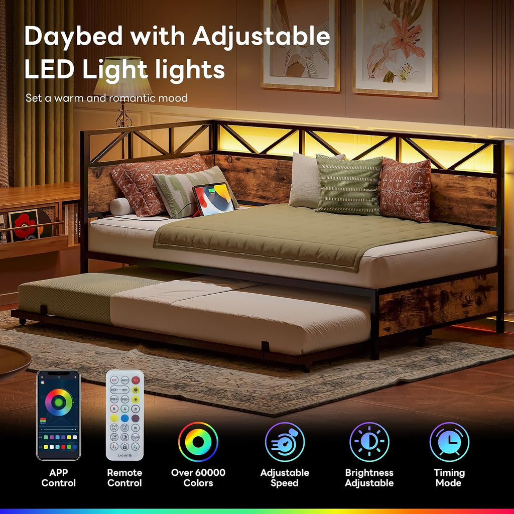 LIKIMIO Daybed with Trundle, Sofa Day Bed with Charging Station and LED Lights, Trundle Bed Twin with Strong Supports for Living Room, Bedroom and Guest Room