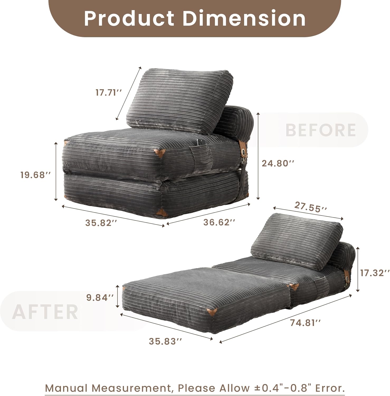 ovios Folding Sofa Bed, Foldable Sleeper Chair Floor Futon, Comfy Portable Convertible Fold Out Lounge Chairs for Living Room Bedroom, Grey