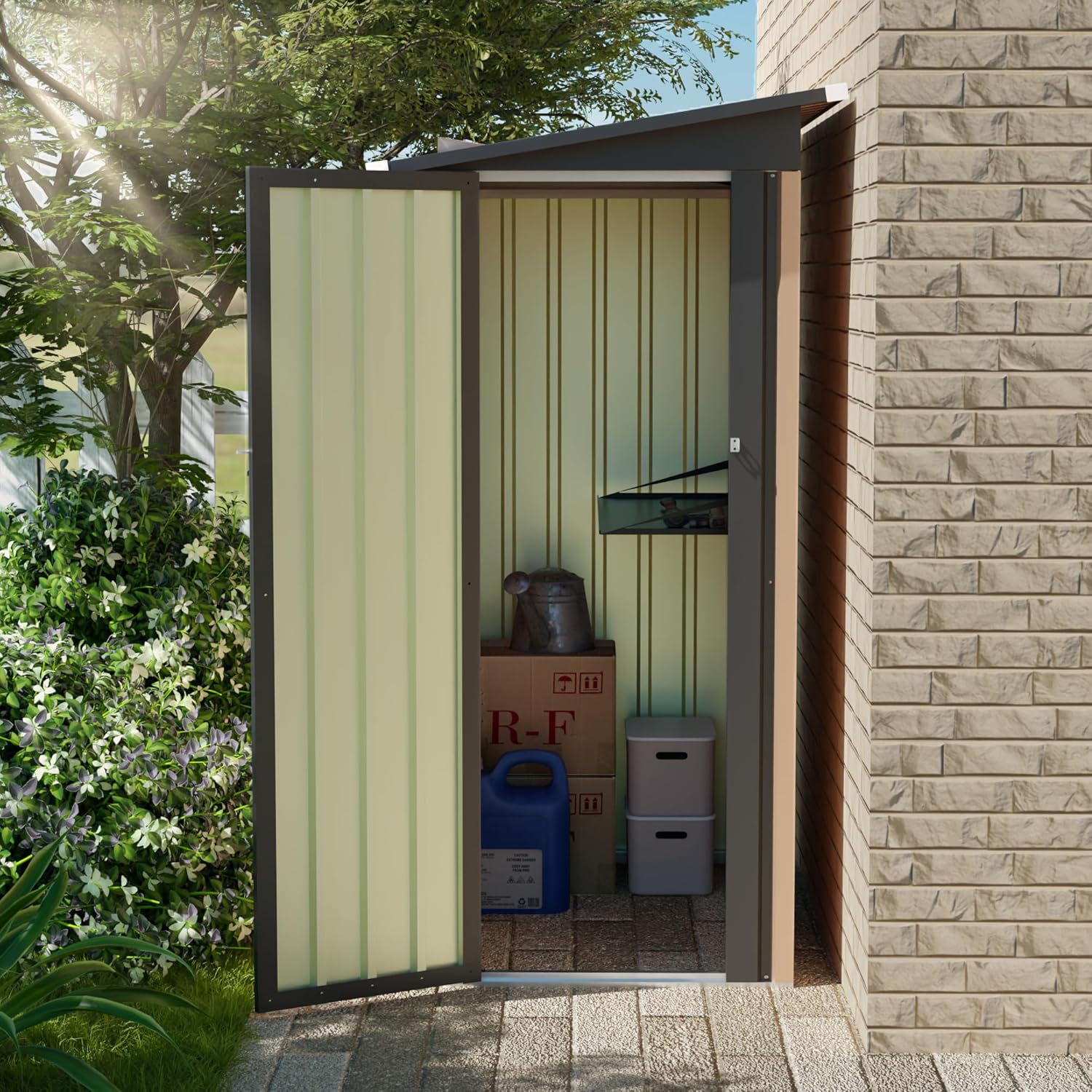 KEIKI 5x3 FT Metal Storage Shed with Pent Roof & Side Hinge Door, Small Outdoor Storage Shed for Garden Tools, Backyard Metal Shed for Patio or Tiny House Use, Brown