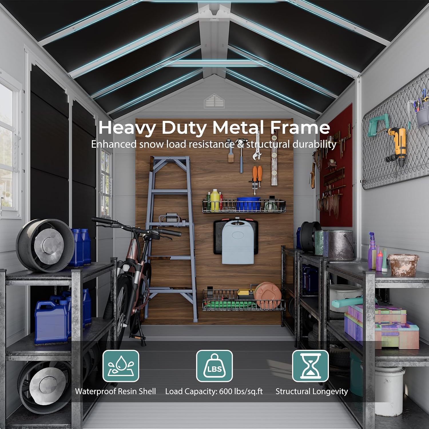 CDCASA 8x6 FT Resin Storage Shed, Large Waterproof Outside Plastic Tool Storage Sheds with Floor & Adjustable Openable Windows, Lockable Door for Backyard Patio Lawn, Dove Grey
