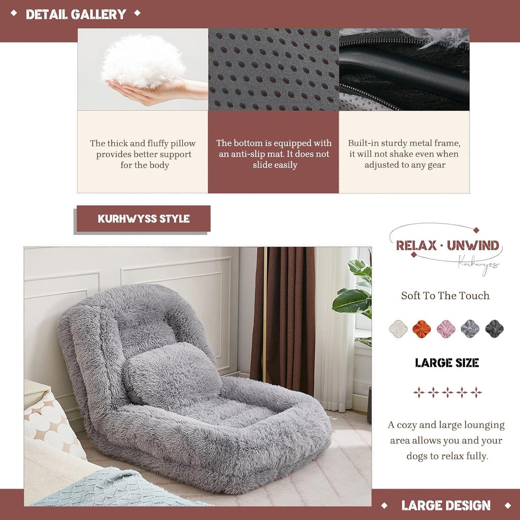 Upholstered Human Dog Bed for Adult & Pets, Convertible Lazy Sofa Bed with 5 Adjustable Position, Comfy Tatami Bean Bag Lounge Chair with a Soft Pillow for Bedroom Living Room (Light Gray Fluffy)