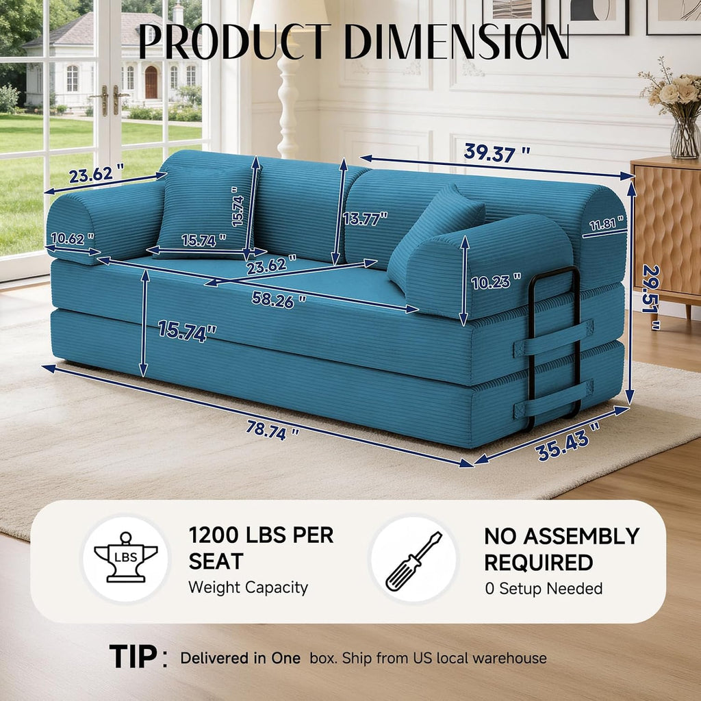 78.8' Convertible Sofa Bed with Detachable Arm Pillow, 6-in-1 Sectional Couches for Living Room, Corduroy Boneless Couch, Sleeper Loveseat Couch Bed, No Assembly, Azure Couch