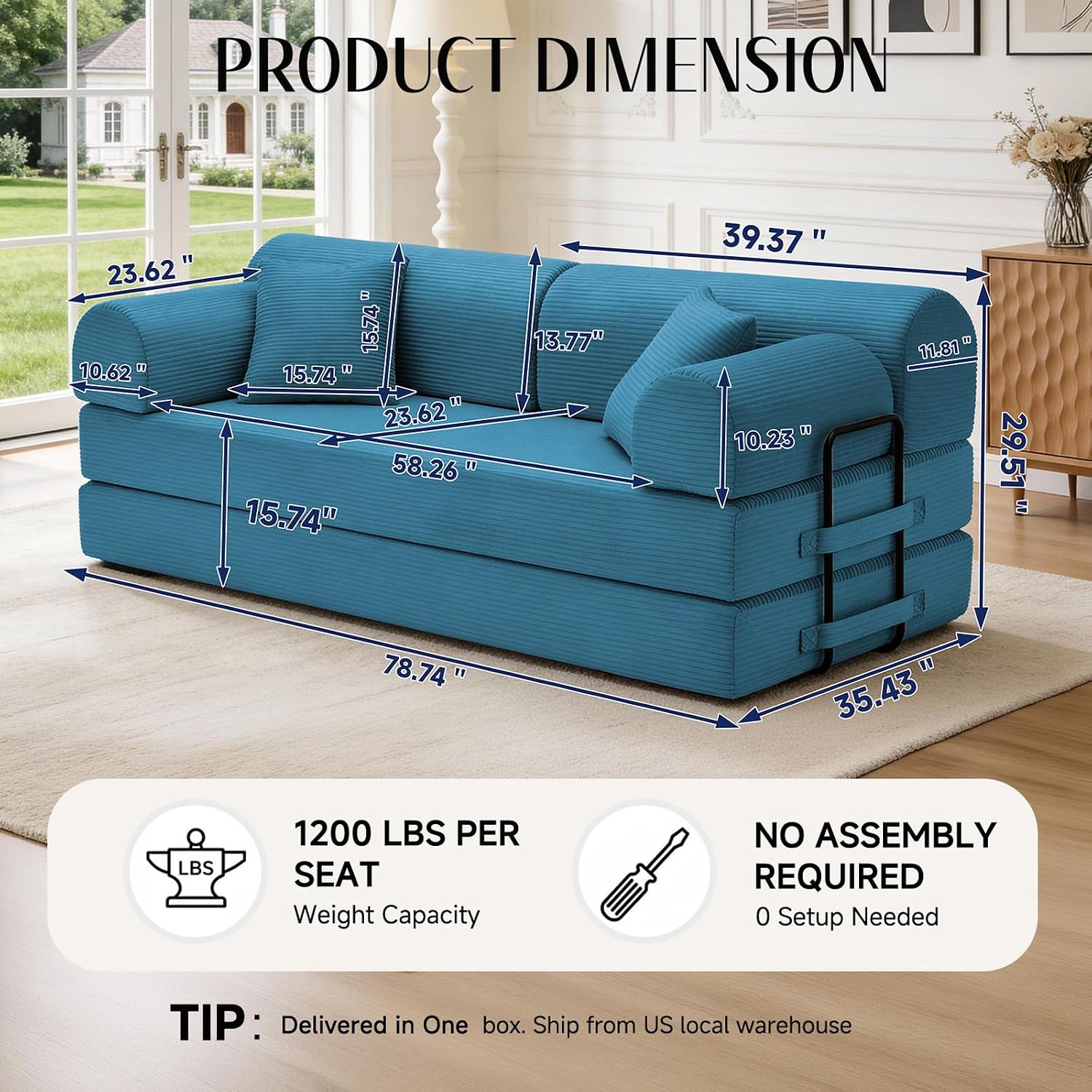 78.8' Convertible Sofa Bed with Detachable Arm Pillow, 6-in-1 Sectional Couches for Living Room, Corduroy Boneless Couch, Sleeper Loveseat Couch Bed, No Assembly, Azure Couch