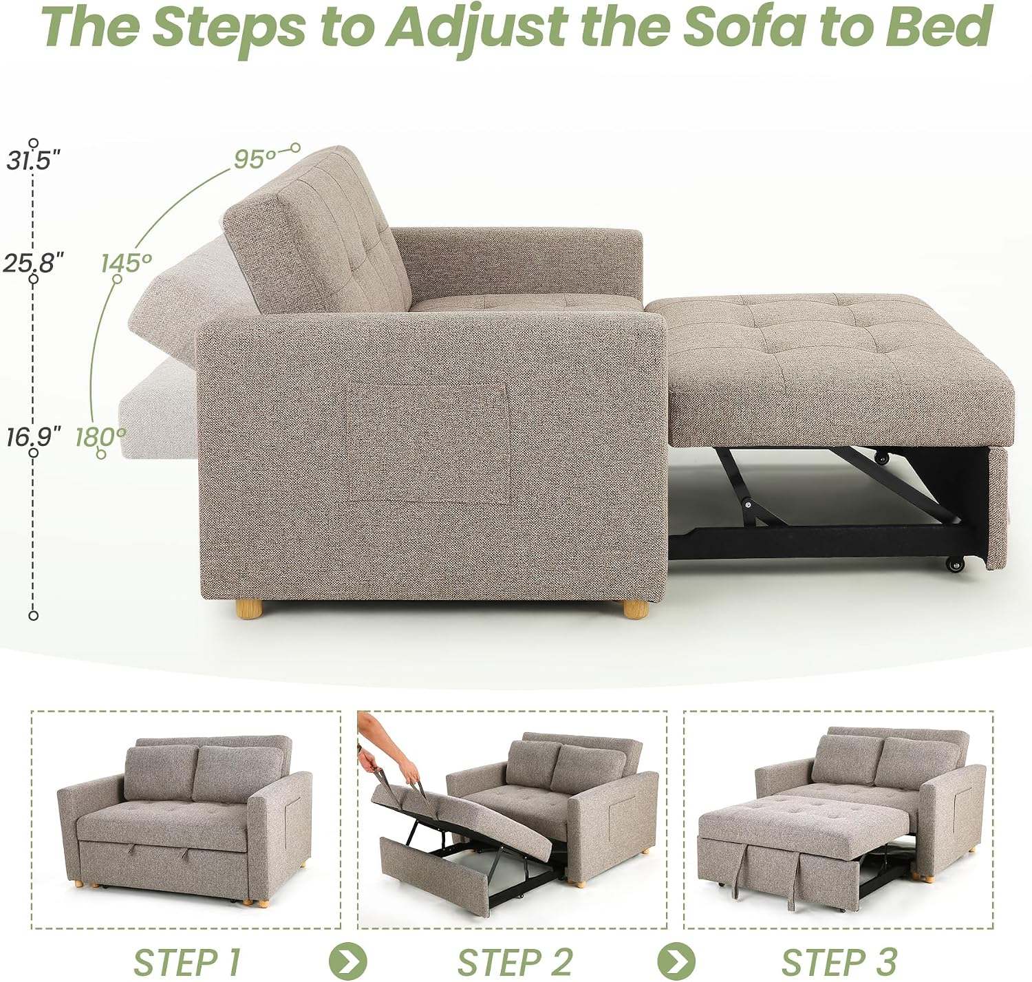 SEJOV 3-in-1 Convertible Sofa Bed, Linen Fabric Sleeper Couch Pull Out Bed, 49' 2-Seater Loveseat Futon Sofa with Spring Support, Adjustable Backrest and Pillows for Small Spaces, Living Room