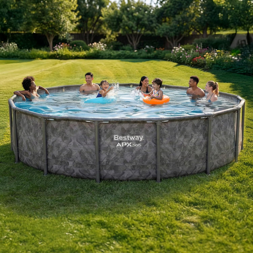 Bestway APX 365 16' x 48' Above Ground Pool, Round Metal Frame Outdoor Swimming Pool Set with Sand Filter Pump, Ladder, and Cover, Dark Marble