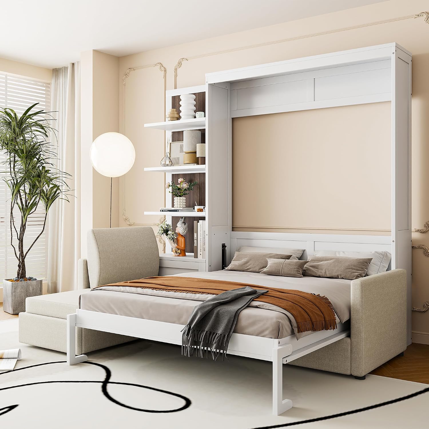 Harper & Bright Designs Queen Size Murphy Bed, Wood Queen Wall Bed with Sofa and Shelves, White