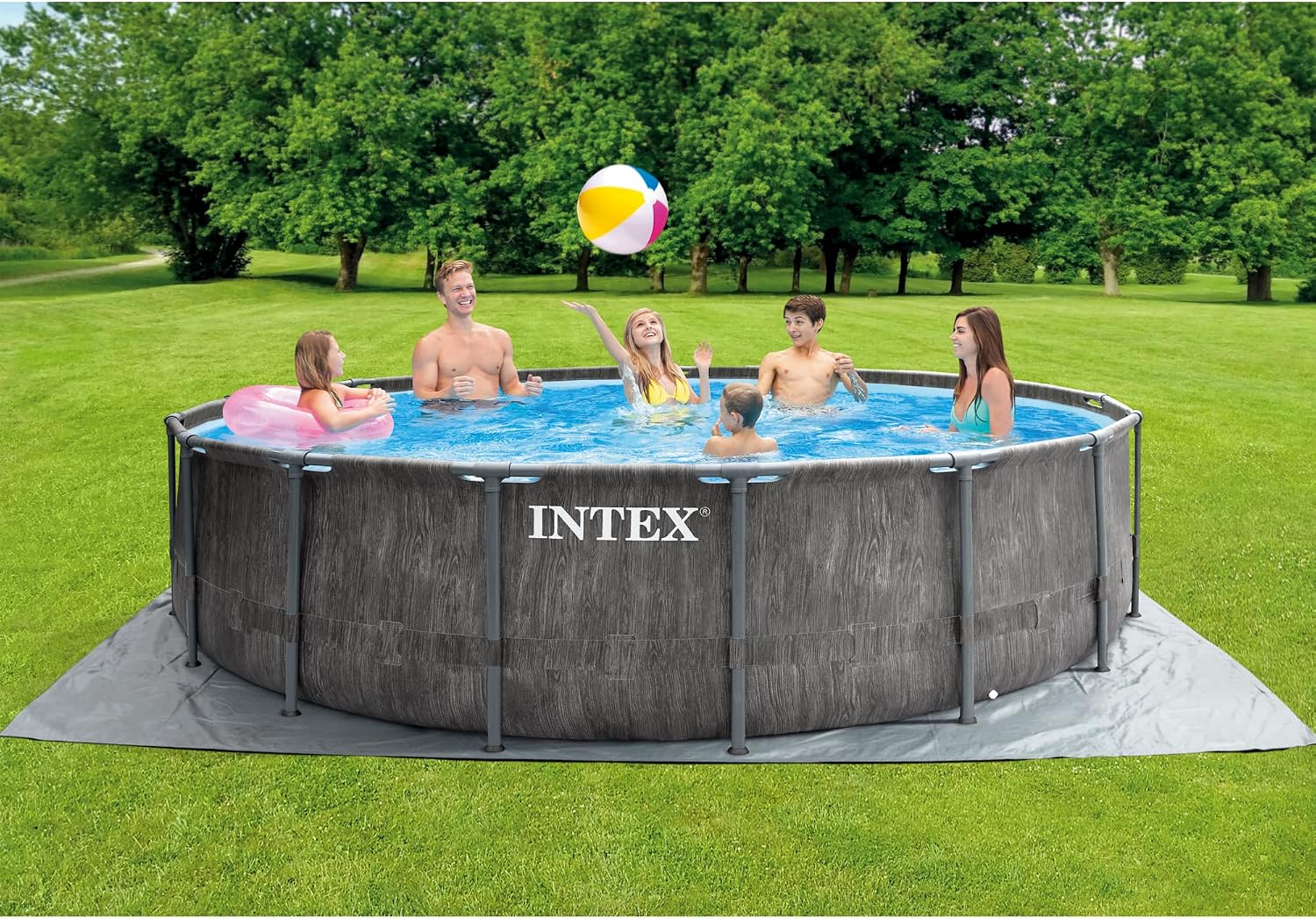 Intex Greywood Prism Frame 15' x 48' Round Above Ground Outdoor Swimming Pool Set with 1000 GPH Filter Pump, Ladder, Ground Cloth, and Pool Cover