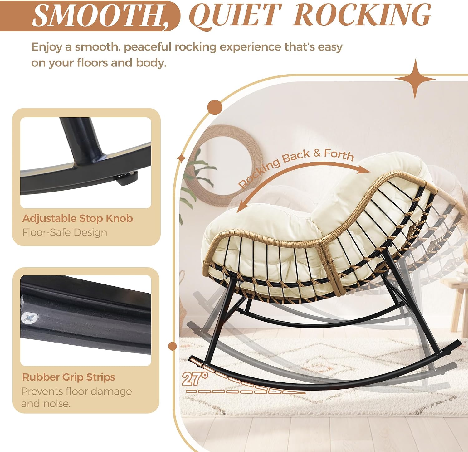 BULEXYARD Oversized Rocking Egg Chair Indoor Outdoor, Wicker Royal Papasan Rocking Chair with Beige Thick Cushion, 450 Lbs Heavy Duty Comfy Recliner Lounge Rocker for Balcony, Porch, Backyard, Lawn