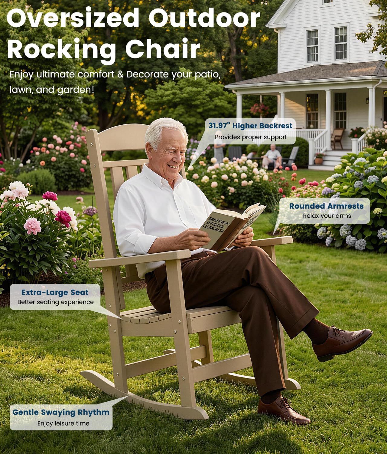 FOOWIN Outdoor Rocking Chair Set of 6, High Back Patio Rocking Chair, HDPE All Weather Resistant Porch Rocker for Adult, Oversized Rocking Chairs for Garden, Lawn, Indoor & Outdoor Use, Brown