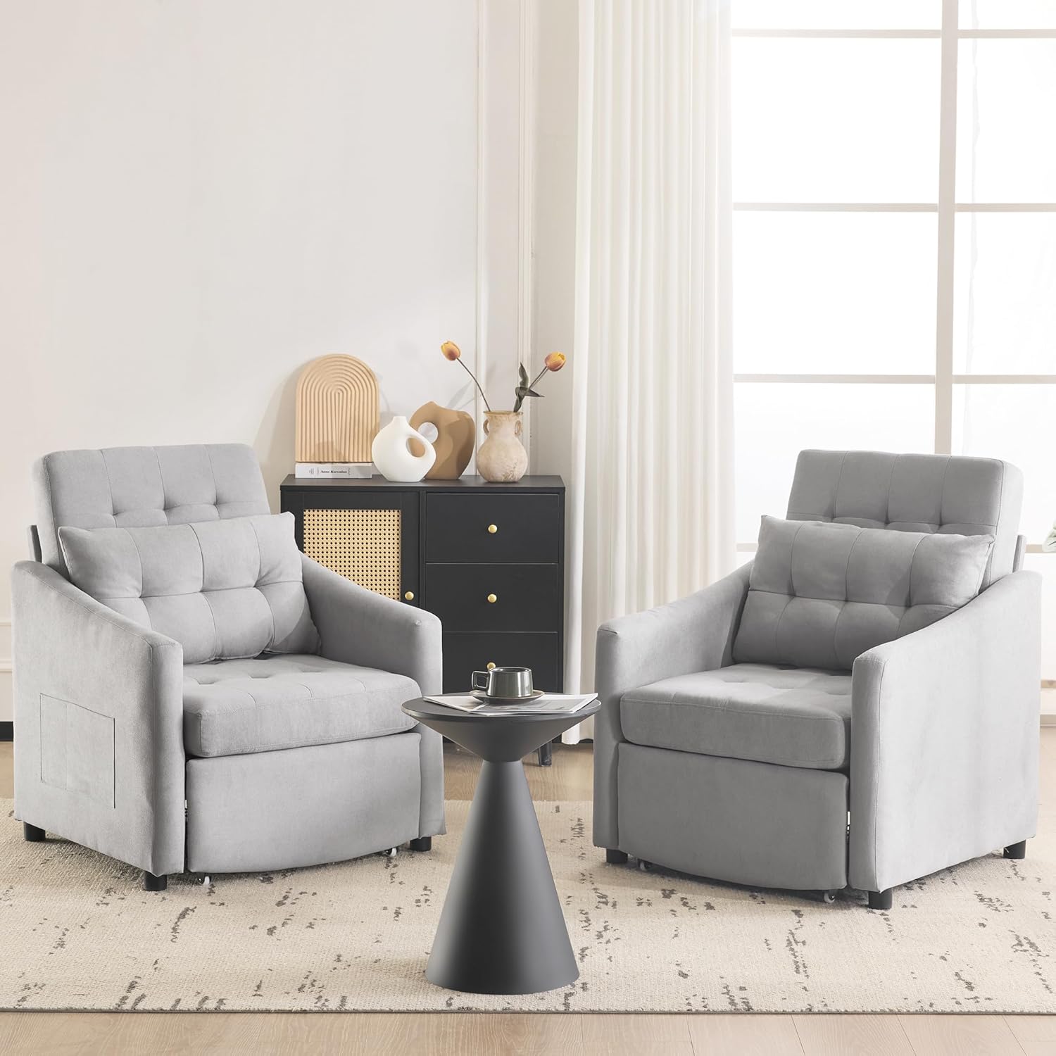 Bezseller Sleeper Sofa Chair Bed, 3-in-1 Convertible Sleeper Chair with Storage Drawer, Pull Out Couch with Side Pocket, Pillow, and Adjustable Backrest, for Living Room Bedroom Apartment, Light Grey