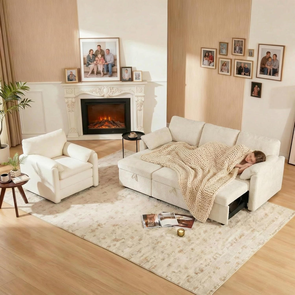Tbfit Pull Out Sofa Bed with Chair, 3 in 1 Sleeper Sofa Couch with USB & Storage Chaise, Comfy Convertible Sleeper Sofas for Living Room, Small Spaces, White