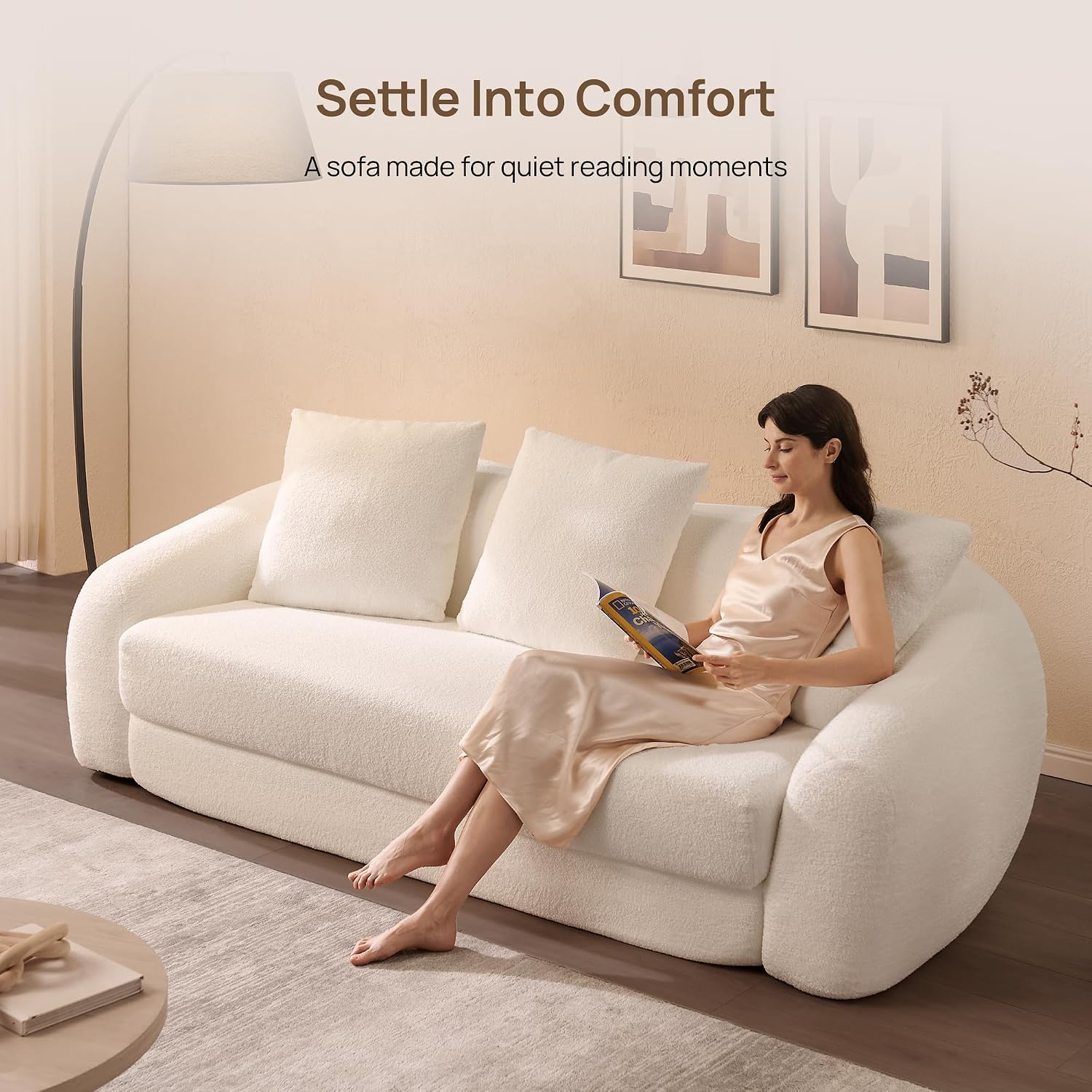 SICOTAS 90.6' Curved Convertible Sofa Couch Bed for Living Room Futon Cloud Boneless Sleeper Sofa Pull Out Floor Couch with Deep Seat Modern 3 Seater Foam Bed No Assembly for Bedroom Apartment, White