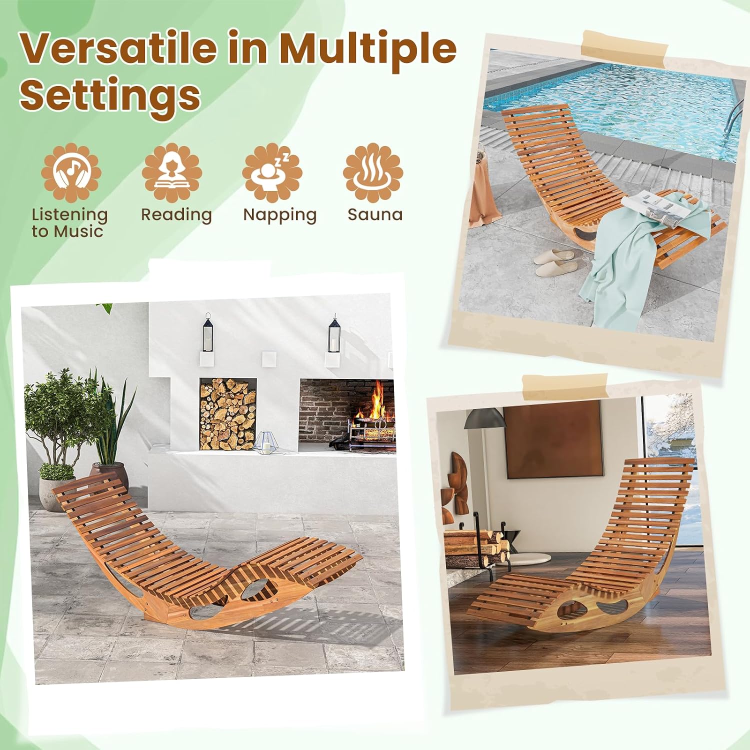 RELAX4LIFE Rocking Chaise Lounge Chair - Acacia Wood Sun Lounger w/Slatted Seat & Bottom Stopper, Indoor Outdoor Rocker for Pool Porch Patio, 350LBS Capacity, Wooden Rocking Lounge Chair (1, 23.5'')
