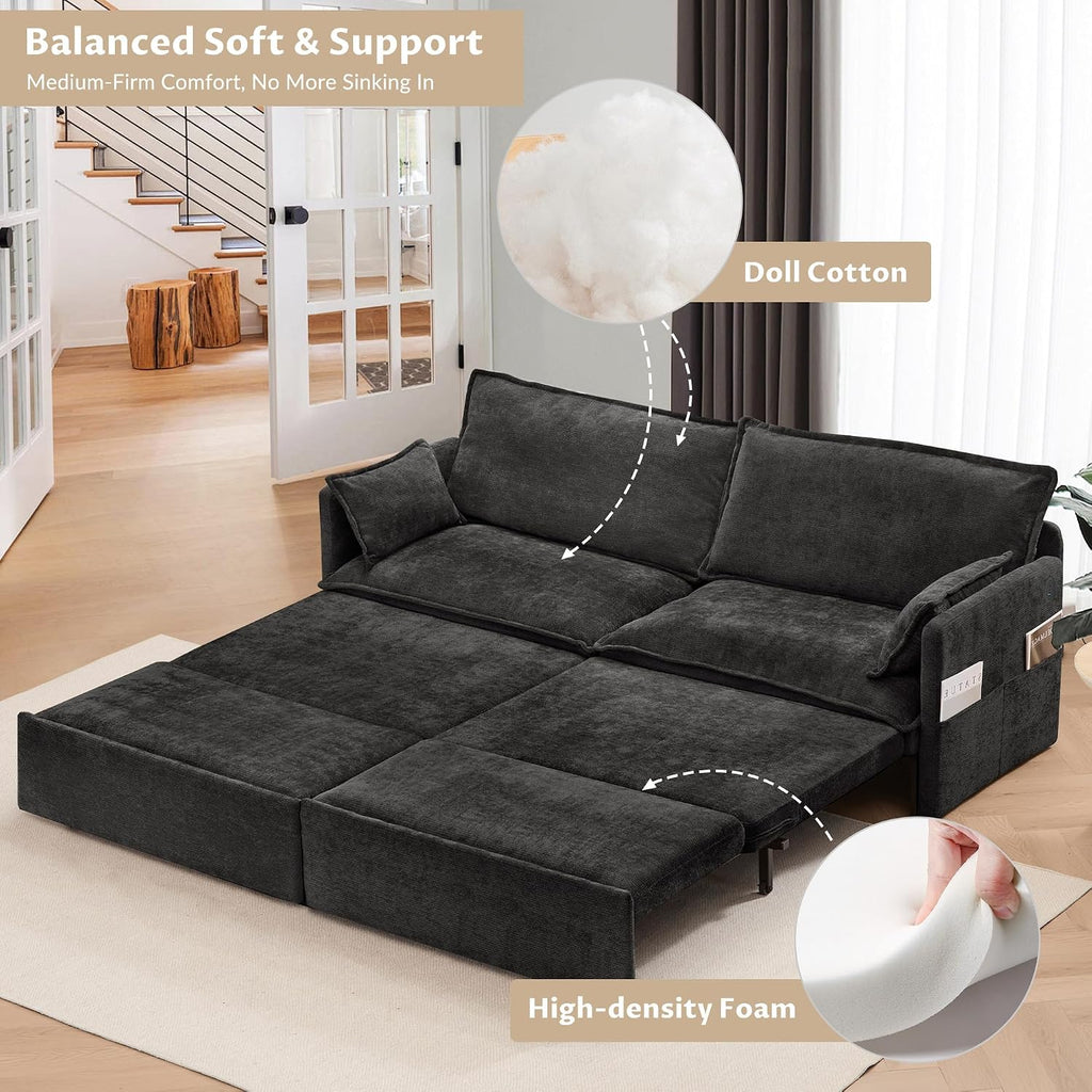 SUNWAVE 74' King Pull Out Sofa Bed - Convertible Sleeper Sofa Bed, Space Saving Corduroy Loveseat Chaise Lounge with USB Charging, Side Pockets for Living Room, Bedroom, Small Spaces(Ink, 74')
