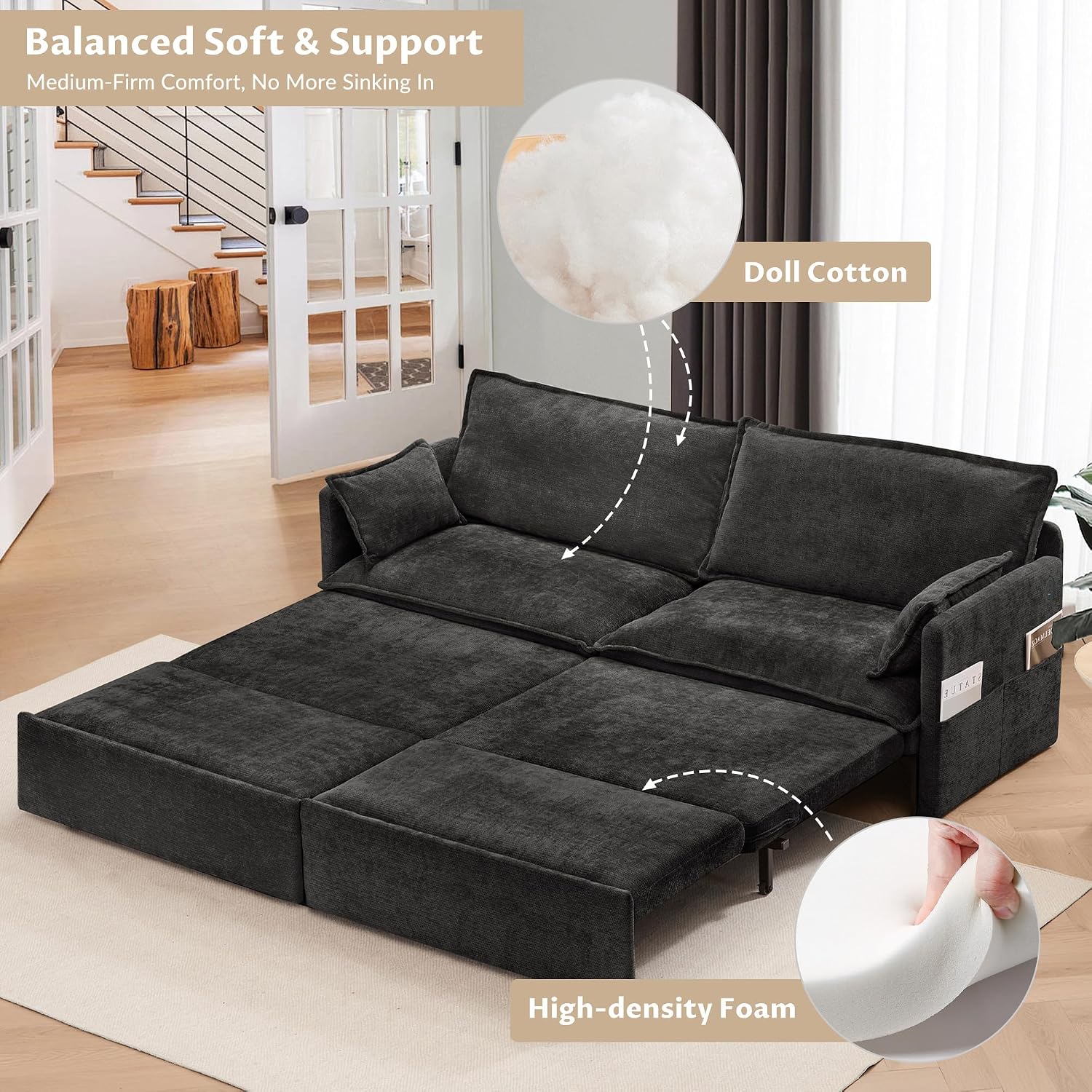 SUNWAVE 74' King Pull Out Sofa Bed - Convertible Sleeper Sofa Bed, Space Saving Corduroy Loveseat Chaise Lounge with USB Charging, Side Pockets for Living Room, Bedroom, Small Spaces(Ink, 74')