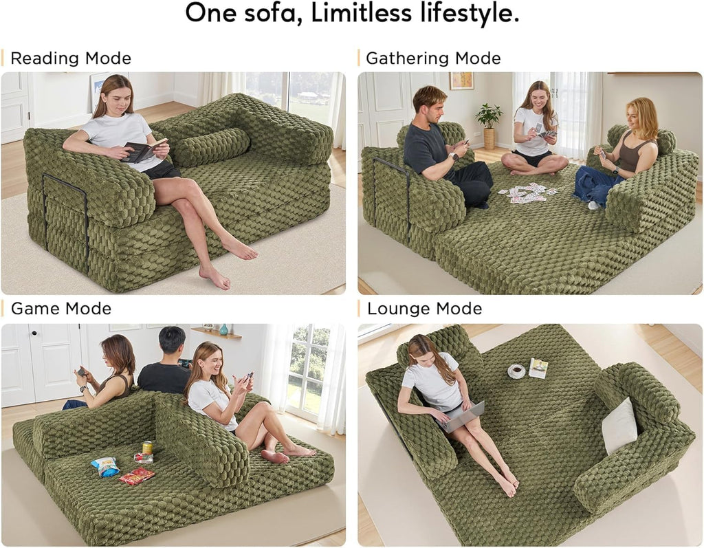 VanAcc Futon Sofa Bed, Convertible Futon Couch with Plush Faux Fur, No Assembly Mattress Futon Sofa for Living Room, Apartment, Bedroom, Green