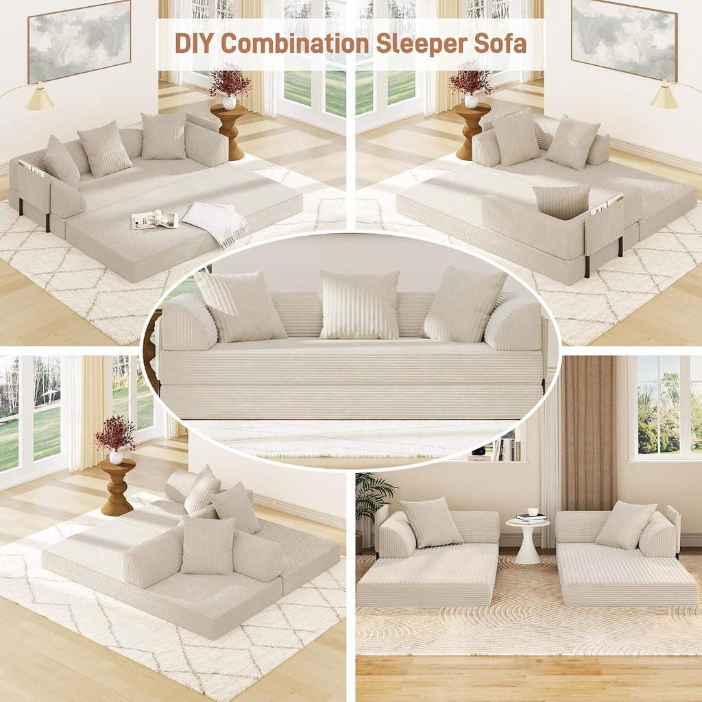 Folding Convertible Sofa Bed with 3 Pillows, 79 ' Corduroy Boneless Couch with Armrest Pockets, Lounge Loveseat Sleeper with Pull Out Bed, Memory Foam Compressed Sofa for Living Room Bedroom, Beige