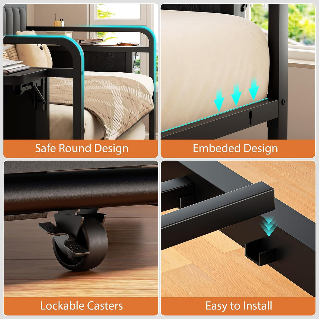 Daybed with Trundle and LED Light, Heavy Duty Metal Twin Bed Frame with Upholstered Storage Headboard & Charging Station, Day Bed Pop Up Trundle Bed Twin for Living Room,Bedroom and Guest Room (Black)